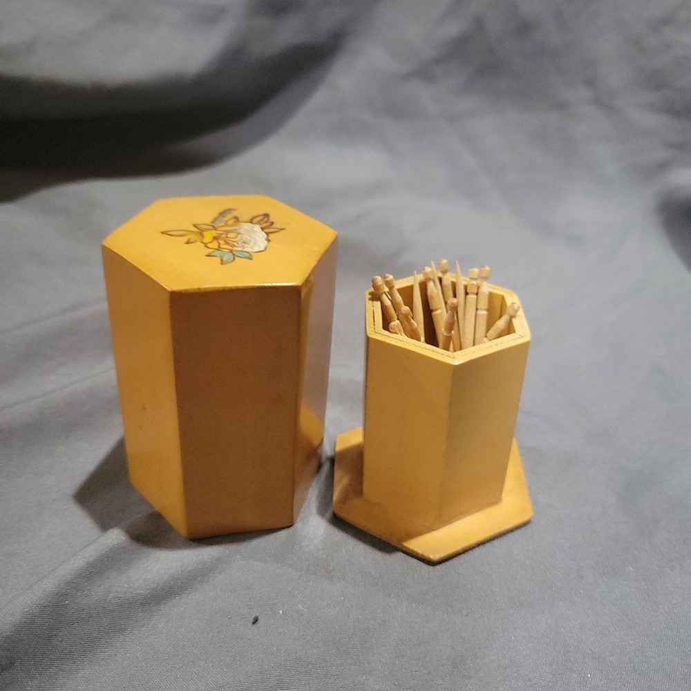 Vintage Handmade Wooden Toothpick Holder Made In China Flowers